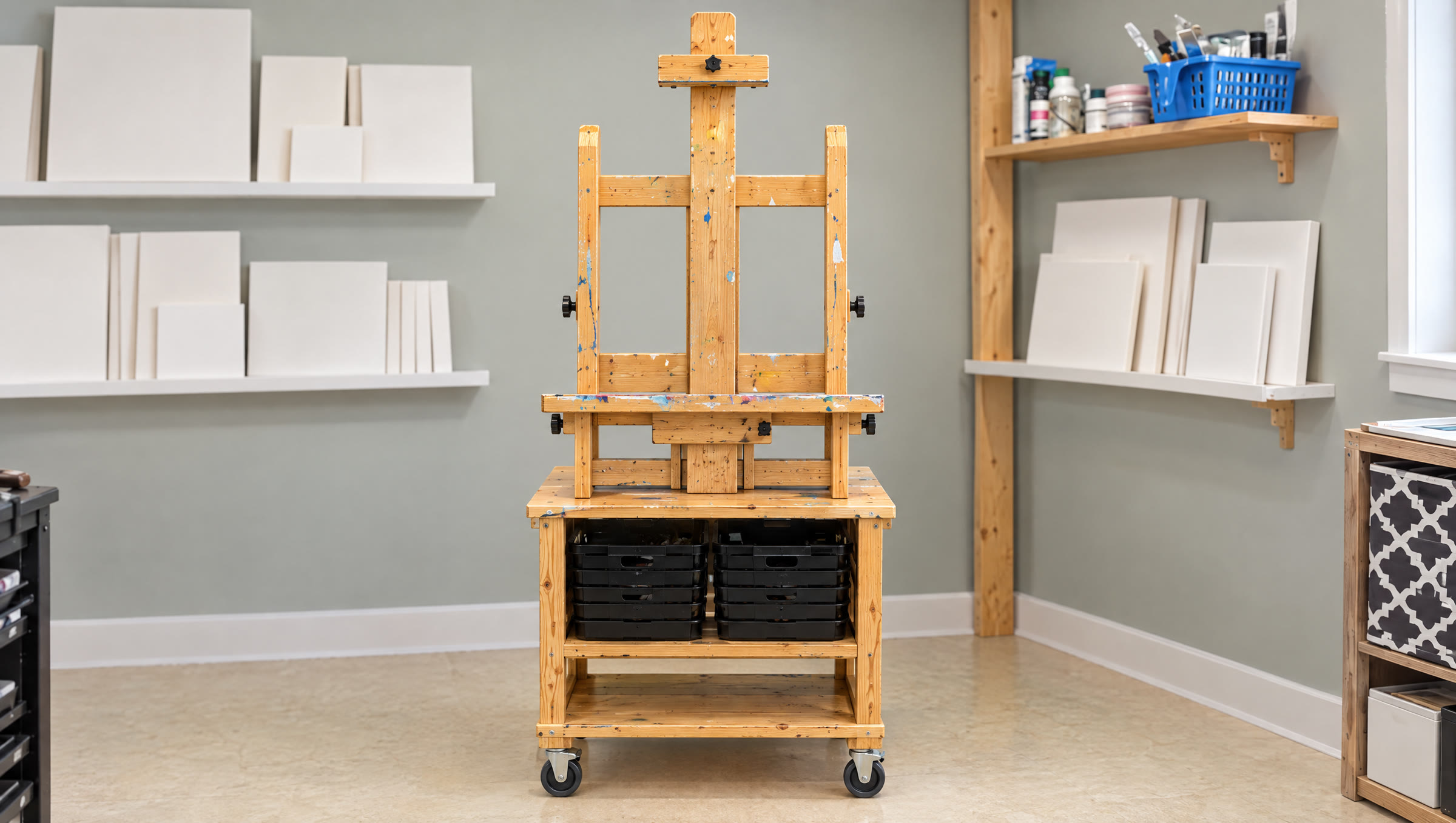 Juli's studio with a paint-splattered wooden easel and pine shelves